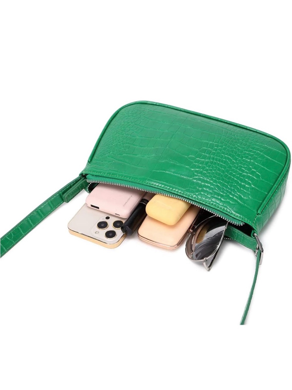Green Croc-Embossed Leather Crossbody Bag - Minimalist Women's Shoulder Bag